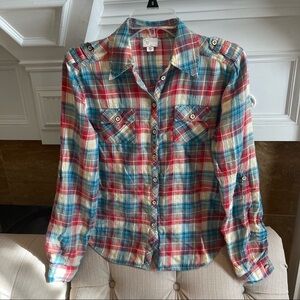 𝅺AP: Anthropologie Multicolor Fairweather Plaid Long Roll Sleeve Top Sz 2